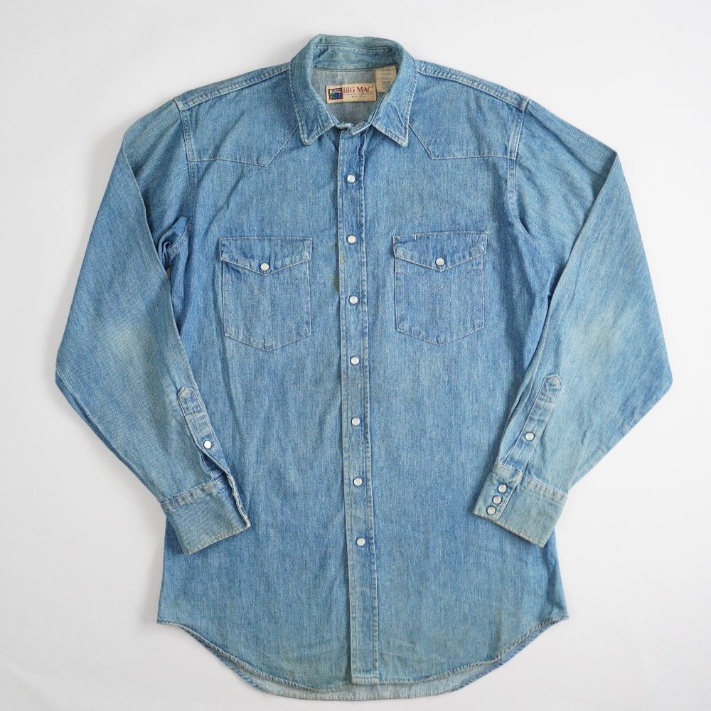 Vintage Big Mac Western Denim Shirt Pearl Snap Long Sleeve Mens Size XLT TALL